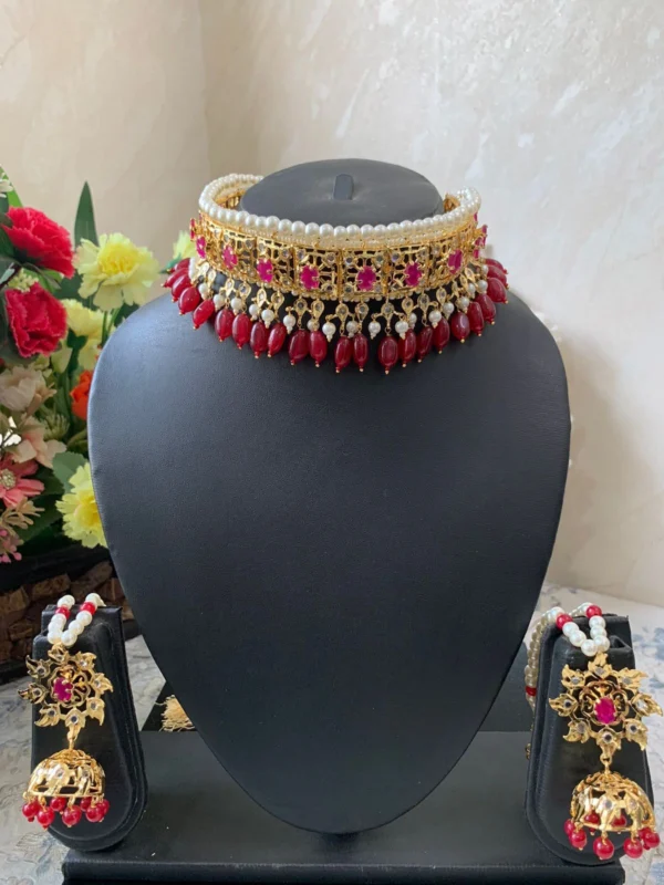 Close-up of a handcrafted Pearl Choker Set. A must have for Hyderabadi Bridal Jewellery