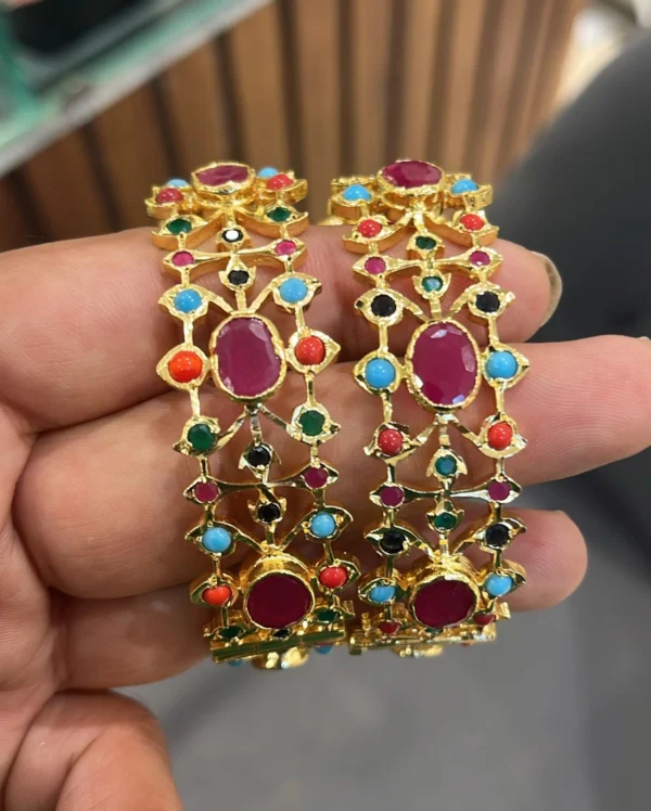 Multicolor Stone Jadau Bangles with pearls for festive wear