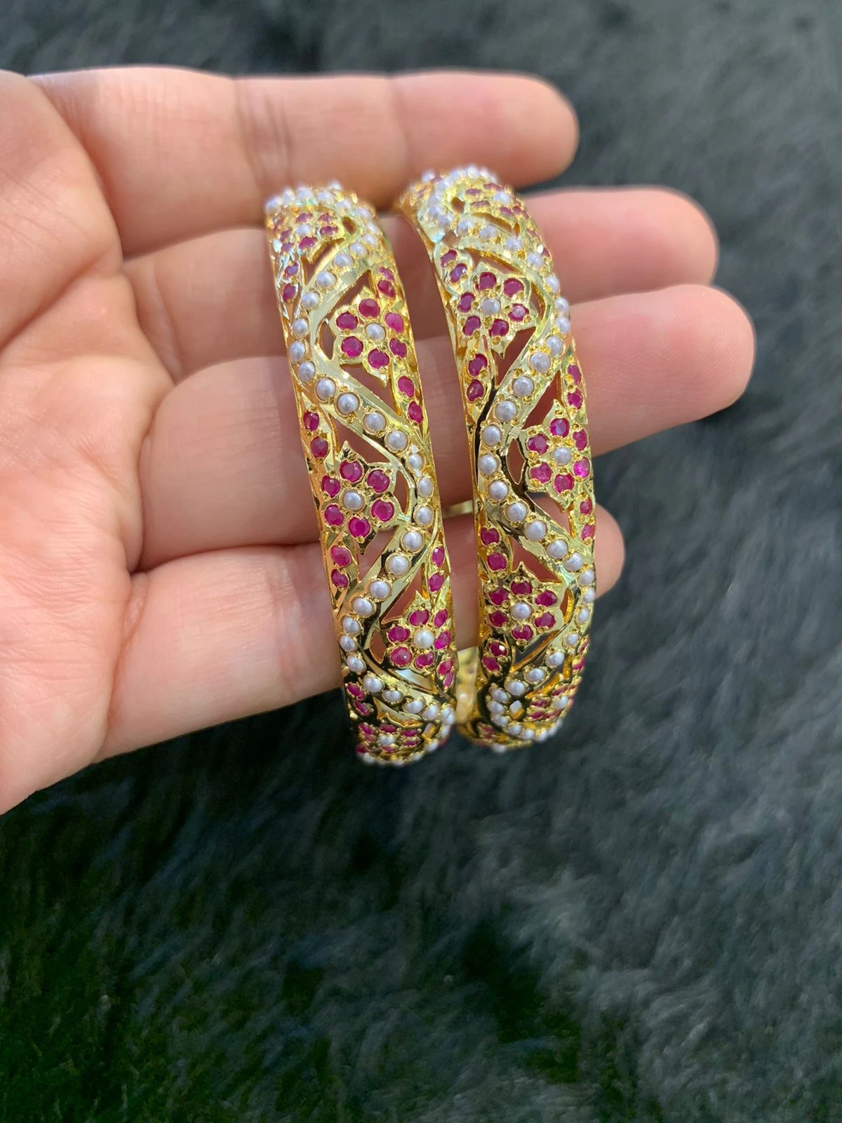 Handcrafted Hyderabadi Bangles in Pink semi-precious Stones and pearls. shop Now!