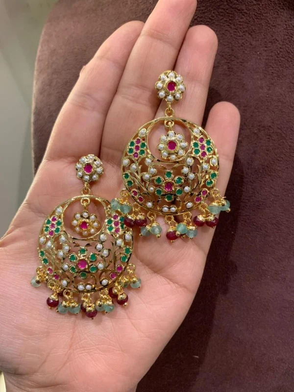 Handcrafted multicolor Chandbali earrings with intricate jadau work and vibrant stones. hyderabadi Jhumki