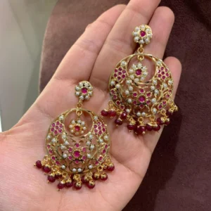 Exquisite Jadau Chandbali Earrings with intricate pearl and semi-precious stone work