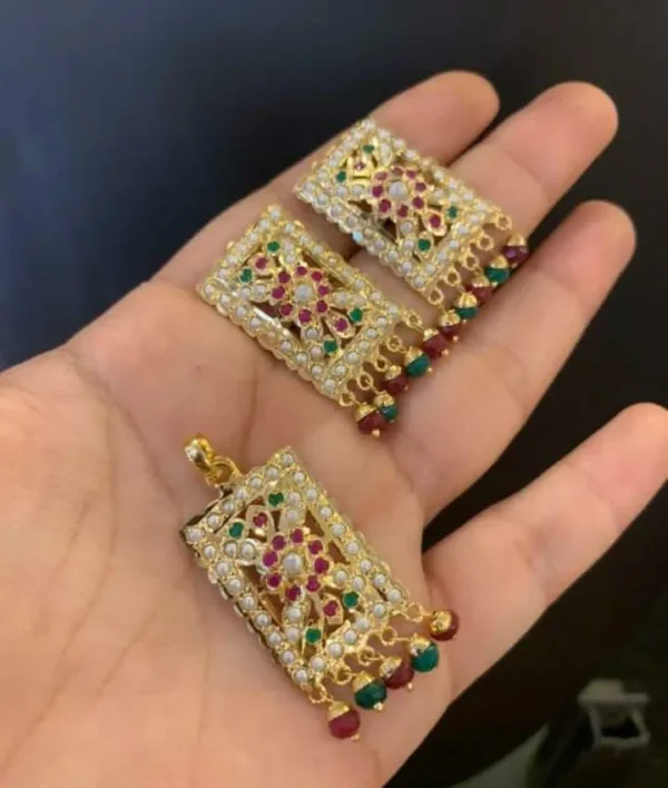 Elegant Pendant Earring Set in Rectangular Design – Hyderabadi Jewellery