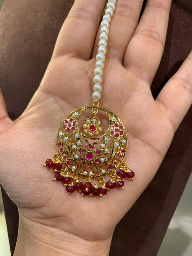 Traditional Indian Maroon Maang Tikka – Handmade Bridal Jewellery