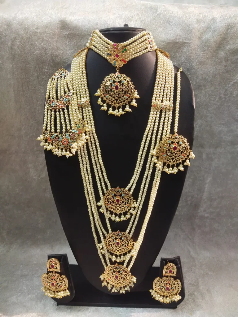 Nafees Bridal Set - Hyderabadi multicolored jadau necklace and earrings