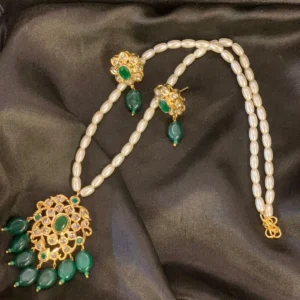 Green stone drop shape pendant with earrings and pearl chain – dilkash Pendant Set
