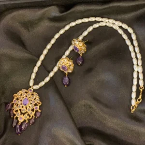 Amethyst drop shape pendant with earrings – Hyderabadi Pendant Set