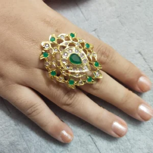 Hyderabadi jadau emerald ring in drop shape by Kisa Hyderabadi Zevar