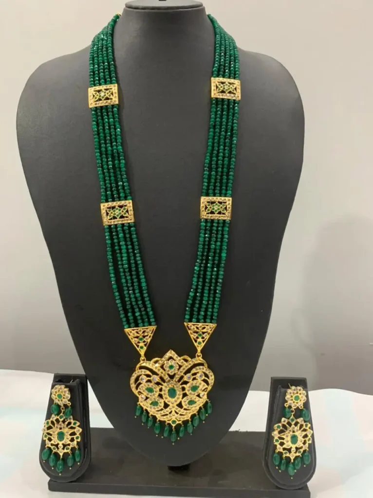 Green Stone Rani Haar with matching earrings – Hyderabadi Jadau necklace set