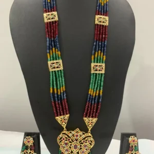 Handcrafted Multi Stone Rani Haar with matching jadau earrings – multicolour beads