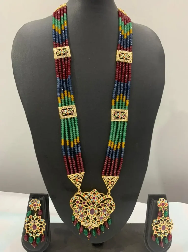 Handcrafted Multi Stone Rani Haar with matching jadau earrings – multicolour beads