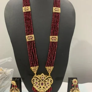 Red Stone Rani haar with matching earrings – long bridal necklace