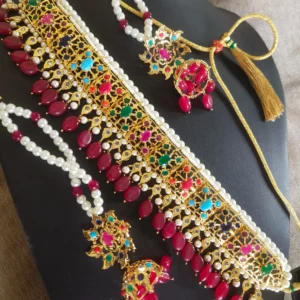Multicolour Jadavi Lacha jewellery with pearls and ruby stone drops