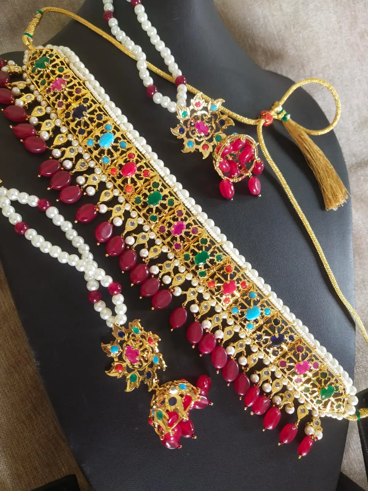 Multicolour Jadavi Lacha jewellery with pearls and ruby stone drops