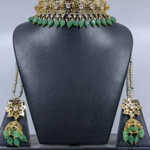 Green Jadavi Lacha Hyderabadi jadau choker with pearls and gold finish
