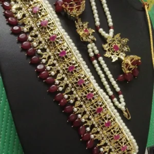 Red Stone Jadavi Lacha Set with pearl edging and ruby oval drops