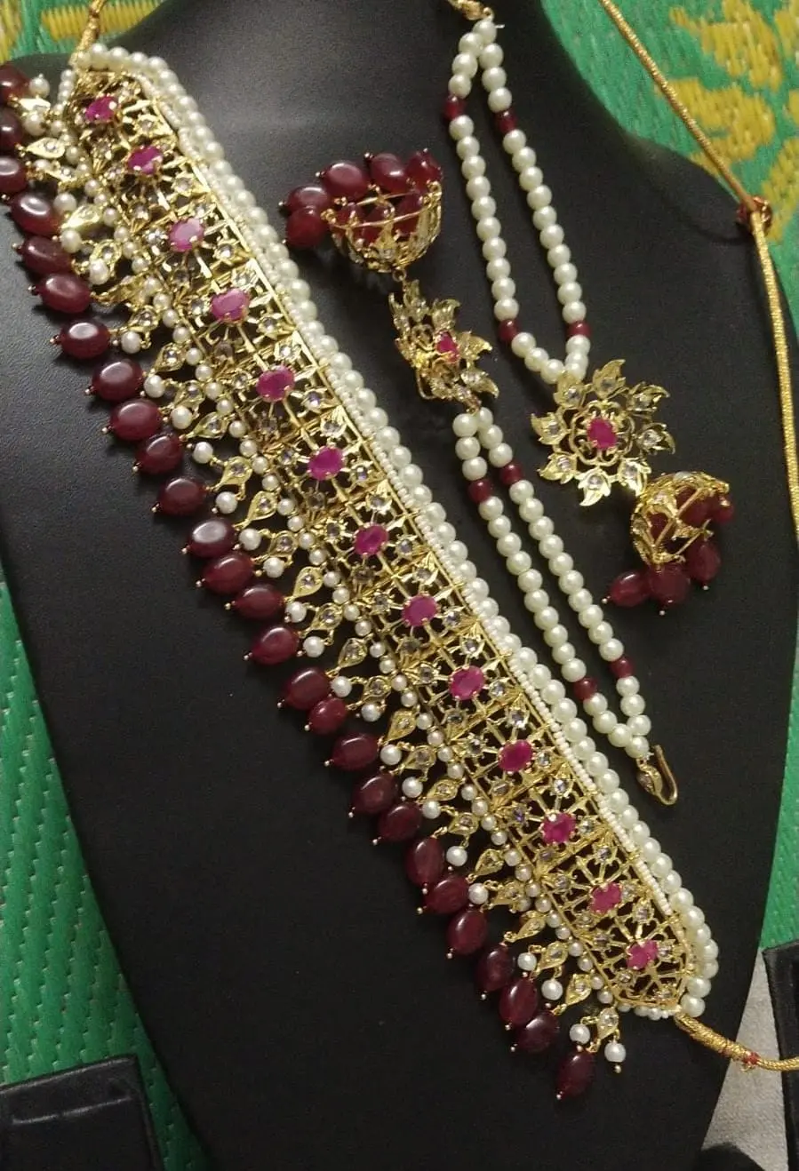 Red Stone Jadavi Lacha Set with pearl edging and ruby oval drops