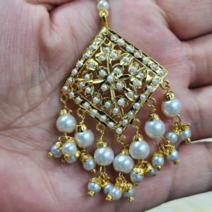 Reem Pearl Maang Tikka Set with white pearls and fine gold plating