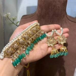 Erum Green Jadau Set with gold-plated panel, green bead drops and pearl-style strands