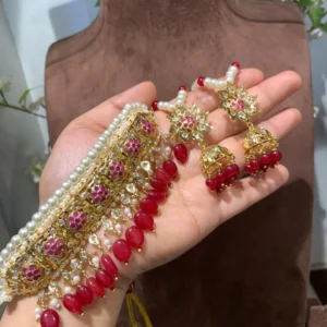 Erum Hyderabadi jadavi Lacha Jewellery layered necklace with red stones and gold plating