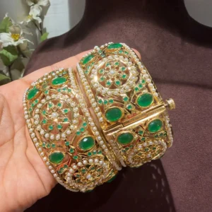 Taheera green jadau bangles with fine gold plating and green semi-precious stones