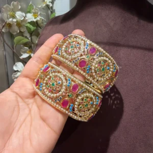 Multicolour jadau bangles with pink, green, white, turquoise and blue stones